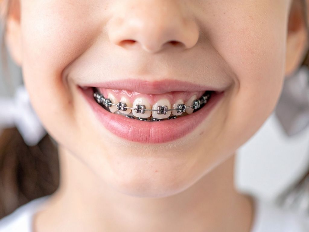 Close-up of a smiling child wearing metal braces, illustrating when braces were invented and how modern orthodontic treatment has evolved.