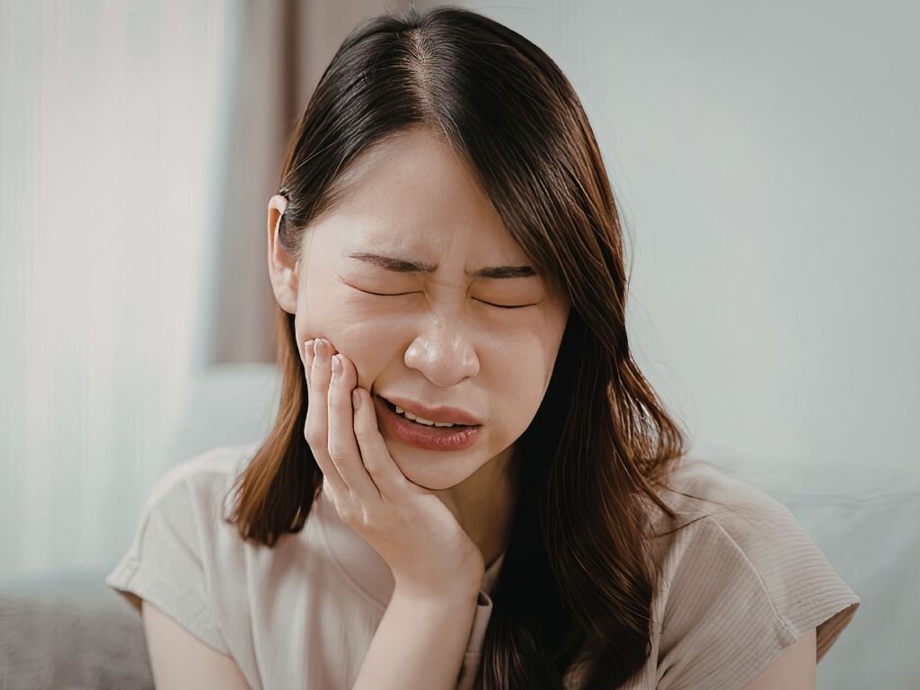 Woman experiencing pain from a bruised tooth, holding her jaw.
